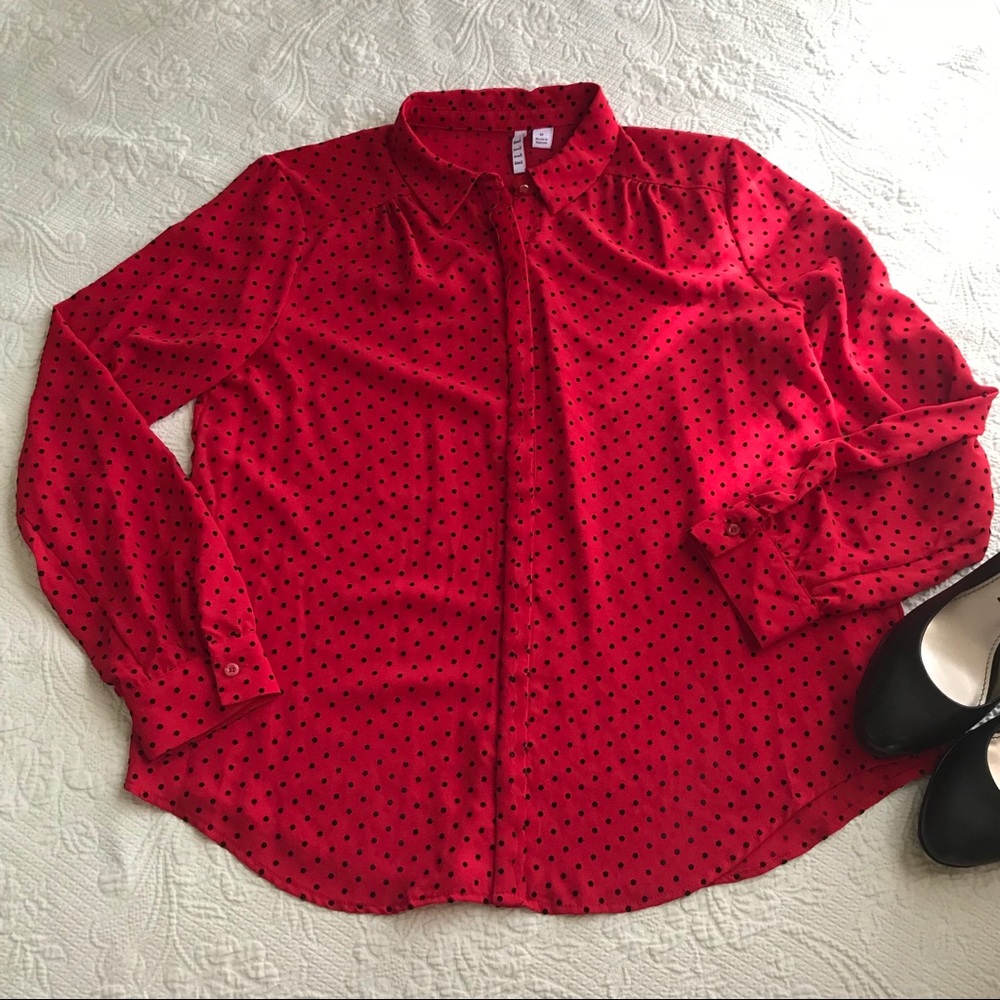 Elle Classic Red black polka dot blouse medium